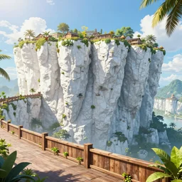 giant clear place big white cliff edge  megastructure  the wall wood fortress tropical with little plant along borderland style vivid colorful  Hyperrealistic CGI Photorealistic cinematic volume lighting fanart on ArtStation full sun shine day concept art
