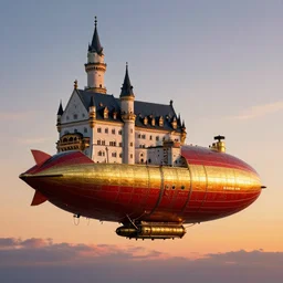 airborne steampunk dirigible zeppelin that strongly resembles neuschwanstein castle and frauenkirche dresden, resembling aircaft carrier, imperial bavarian and prussian, red gold black, straigt lines, dieselpunk, german, napoleonic, floating above 1 8 5 0 s bavaria, gorgeous sunset by david levy vyle art, artstation