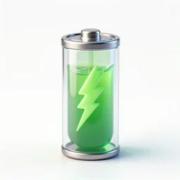 3d render of a transparent battery with green juice and an electricity bolt, white background