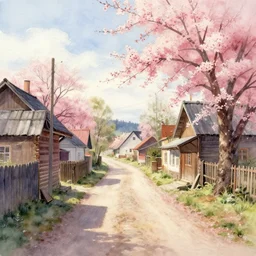 watercolor painting of rustic village street, mud, scandinavian mythology, volumetric lighting, spring early morning, late afternoon, ( ( ( cherry blossom trees ) ) ), nice weather, few clouds, realistic illustration, perfectly shaded, soft painting, art by krenz cushart and wenjun lin
