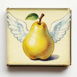 vintage matchbox illustration of a pear with angel wings