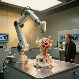 a complex bifurcated. robotic cnc surgical arm cybernetic symbiosis hybrid mri 3 d printer machine making organic ceramic fractal forms by wayne barlowe and beeple in the glass room laboratory with control panels, golden hour lighting, film still from the movie directed by denis villeneuve with art direction by wayne barlowe and salvador dali, wide lens, f 3 2,