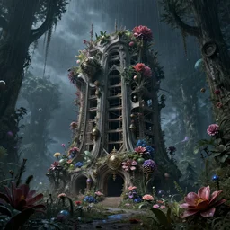 unfinished building by kengo kuma, cosmic darkacademia flowers steampunk myst retrowave universe rainforest wilderness bioshock assassin's creed extraterrestial venus alien synthwave sea, archdaily, wallpaper, highly detailed, trending on artstation.