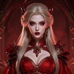 minagho, pathfinder wrath of the righteous, demon girl, gorgeous, ornate dashing red garments, earrings, perfect symmetry face, intricate portrait, red dress, ashen blonde hair, 8 k resolution, volumetric lighting, trending on art station, magic realism, octane rendering, unreal engine 5