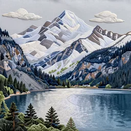 lakeside mountains, applique needlework