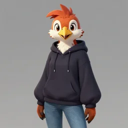 front facing portrait. humanoid furry! anthro, anthro, anthro, avian, avian, avian!!! fursona, bird, bird, bird!!! digital art! trending on artstation! subject wearing hoodie and jeans!! subject is female!! big beak!!!