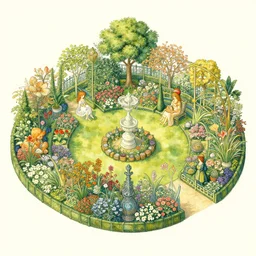 an illustration of a beautiful garden, isometric view, painted by ernst haeckel and hasui kawase and alphonse mucha
