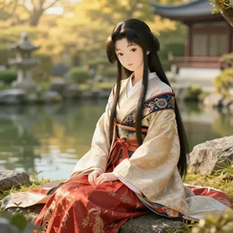 gorgeous japanese princess sitting by the pond in an ancient fantasy garden, long hair, beautiful intricately decorated clothing, natural pose, golden hour, shallow depth of field, fantasy matte painting, coherent composition, karole bak, mohrbacher, hasui kawase, noriyoshi ohrai