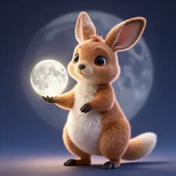 a very cute furry cangaroo character holding the moon in it's hand, backlight, 3 d render, octane render, magical lighting, highly detailed still from moon holder by pixar and dreamworks