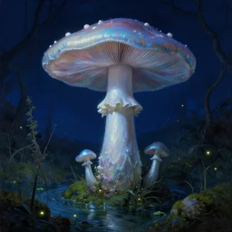 a close - up rococo portrait of a futuristic iridescent mushroom ghost standing in water, moss, and swamp. fireflies night time. rich blue colors, high contrast. gloomy, highly detailed 1 8 th century sci - fi fantasy masterpiece painting by jean - honore fragonard, moebius, and johfra bosschart. artstation