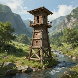 concept art, wooden tower in mountain stream, natural scenery unreal engine, hyperdetailed, pixiv fanbox, cgsociety, 4 k