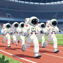 5 space astronauts in spacesuits running in a relay race in a stadium, each astronaut in different colors, olympic relay race. athens games