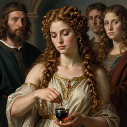 half - length portrait of beautiful witch circe with curly hair, gathered in long braids, while she puts the poison in a cup, in the odyssey, art by giotto, leonardo da vinci, moebius, sarah moon