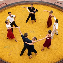 six people dancing on a floor made of paella valenciana