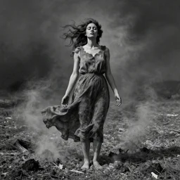 sigma 8 5 mm f / 1. 4 by romare bearden. a experimental art of a woman standing in a field of ashes, her dress billowing in the wind. her hair is wild & her eyes are closed, in a trance - like state. dark & atmospheric, ashes seem to be alive, swirling around.