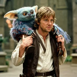luke skywalker carrying in shoulders a gremlin
