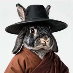 anthropomorphic jackrabbit harengon with black skin and white highlights, wearing stylized monk robes and a very wide brimmed black safari hat, focus on hat, digital art featured on artstation