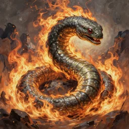 fantasy painting of a monstrous worm surrounded by fire, illustration painting, frank frazetta daarken