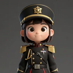 a well built funny nendroid girl wearing a luxurious military uniform, highly detailed digital art, intricate, dark colors, cartoon lighting, 8 k