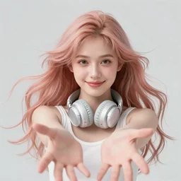 beautiful portrait of a woman with pastel long hair floating in the air with her eyes open facing the camera hands forward centered with studio headphones on in the style of a code vein character, momo from twice in code vein in the style of WLOP, artgerm, yasutomo oka, rendered in unreal engine and redshift octane , background is surrounded by epic neon glitch effect digital art dynamic dramatic lighting, soft lighting, imagine fx, artstation, cgsociety, by Bandai Namco artist,