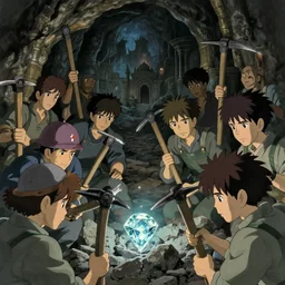a film still of a cave full of miners mining diamonds with pickaxes, finely detailed features, closeup at the faces, perfect art, at an ancient city, gapmoe yandere grimdark, trending on pixiv fanbox, painted by greg rutkowski makoto shinkai takashi takeuchi studio ghibli, akihiko yoshida