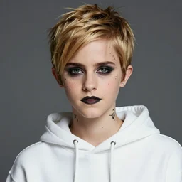color studio photo of a tom boy, young adult, face tattoos, short blonde hair, black makeup, white hoodie, emma watson, detailed