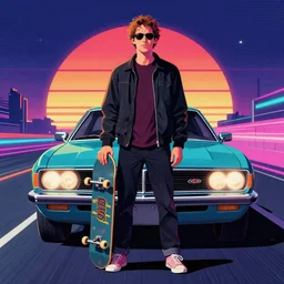 a man holding a skateboard standing in front of a car, concept art by zack snyder, featured on cgsociety, retrofuturism, retrowave, synthwave, outrun
