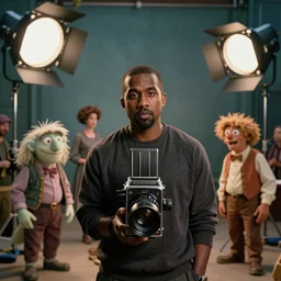 medium format photograph of a movie set for a fantasy movie about kanye west, detailed, by joop geesink, wes anderson, jim henson, brian froud, breathtaking, 8 k resolution, beautiful lighting, studio light, extremely detailed, establishing shot, realistic materials, hasselblad!!!, hyperrealistic