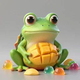 a frog made of mango, candy and jelly, photorealistic, well detailed, trending on artstation, 8k