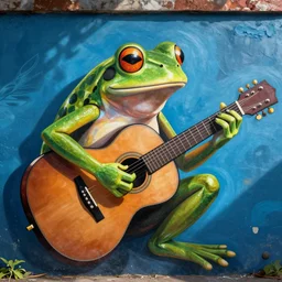 frog playing on guitar, blue background, street art