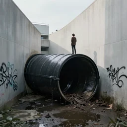 person standing on the edge of very large sewer dark black pipe exiting near ground level, graffiti on walls, damp, sludgy, yukky, natural light, cinematic lighting, clean lines, cozy, fantasy, minimalist architecture, sharp focus, concept art, octane render 4 k, artstation,