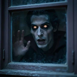 vampire looking through window with glowing eyes, horror, hyperrealistic