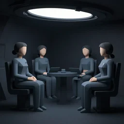 all - female crew in a minimalistic, dark ( spaceship ), low poly.