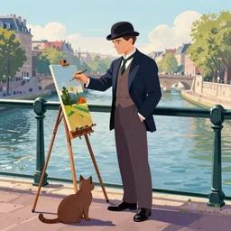 ewan mcgregor is standing by the river seine on a bridge in the morning. he is wearing a gentleman ´ s outfit with a bowler hat. next to him at his feet is lying a brown cat. ewan mcgregor is painting a canvas that is put on an easel. morning light. early 2 0 th century paris. vivid colours, digital art, by miyazaki