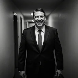 Ted Cruz with a wide grin standing in a long narrow corridor, black and white, creepy lighting, highly detailed, scary, horror, eerie, fear