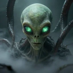 alien with long forehead. green semitransparant cloudy lightly glowing eyes. high quality photorealistic octane render 4 k, hyperrealism, volumetric fog, scary, unnerving, serious, dark, fear, concept art of chris foss, trending on artstation, cgstation, symmetric, horror, gigantic kaiju looking down worms - eye - view