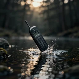 cell phone being thrown into a pond realistic photo