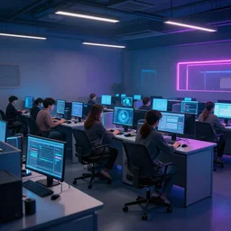concept art of a computer lab, matte painting, neon lighting