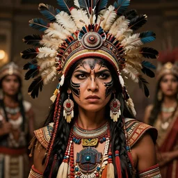 photorealistic headshot of beautiful female ornate native indian tribal aztec warrior, angry, black tribal warpaint, Neil Blevins, James Paick, Natasha Tan Maciej Kuciara, Frank frazetta, arney freytag, Ritu Kumar, Sabyasachi Mukherjee, octane, bokeh, 8k, fashion pose, cinematic, 28mm