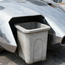 dry dock concrete clamshell grill garbage can on an abandoned shiny  chromeplated dented angular sharp alien vehicle hull,
