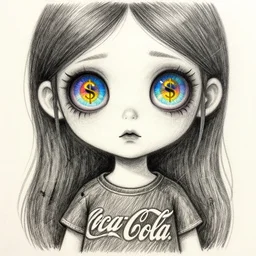 pencil drawing of the coke logo personified as a soda themed girl in the style of the lavender towne, large creepy eyes, extremely detailed and colorful eyes, digital art, deviant art, soda themed girl, hyper detailed eyes, money sign pupils, tim burton, scratchy lines, junji ito, gorrilaz, her shirt has the coke logo drawn perfectly