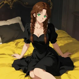 beautiful woman with braided brown hair and green eyes, wearing a black dress, sitting on her bed, black and yellow colors, highly detailed, in the style of and ilya kuvshinov and greg rutkowski, high quality anime artstyle, intricate