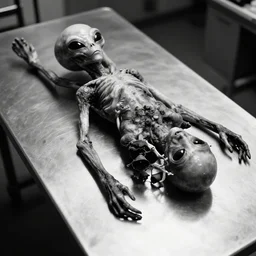 dead alien lying on a metallic table. autopsy, black and white photo