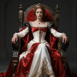 masterpiece concept art, a beautiful highly detailed sci - fi renaissance lady on throne, confident pose, by peter mohrbacher and jae lee, 8 k, intricate detail, cinematic lighting, red white and black colors
