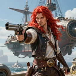 An epic fantasy comic book style portrait painting of a long haired, red headed male sky-pirate wielding a pistol in front of an airship, unreal 5, DAZ, hyperrealistic, octane render, cosplay, RPG portrait, dynamic lighting