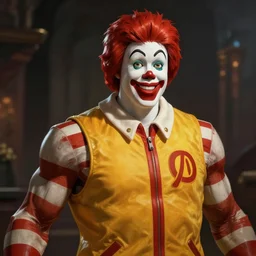 portrait of Ronald McDonald as Alex Jones, muscular, wild, upper body, D&D, fantasy, intricate, cinematic lighting, highly detailed, digital painting, artstation, concept art, smooth, sharp focus, illustration, art by Hajime Sorayama