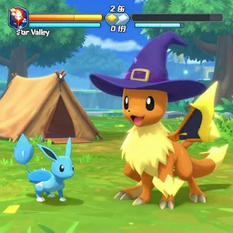 video game pokemon : espeons reprisal star valley resident evil vaporeons mystery dungeon ( 6 4 ) fps resolution screenshot tpc resident eevee camping fighting old god espeon wearing a witch hat pokemon final poly