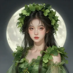 Character concept art of Ssunbiki as a moon goddess || foliage clothing, cute-fine-face, pretty face, realistic shaded Perfect face, fine details by Stanley Artgerm Lau, WLOP, Rossdraws, James Jean, Andrei Riabovitchev, Marc Simonetti, and Sakimichan, tranding on artstation