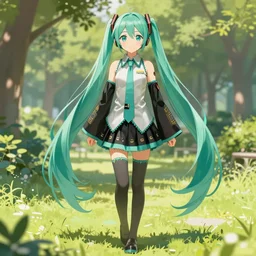 hatsune miku walk in park, global illumination!! intricate, elegant, highly detailed, digital painting, artstation, concept art, smooth, sharp focus, illustration, art by xima