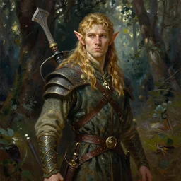 beautiful oil painting of a wood elf man ranger class  from dungeons and dragons in the forest by artgerm and greg rutkowski and thomas kinkade